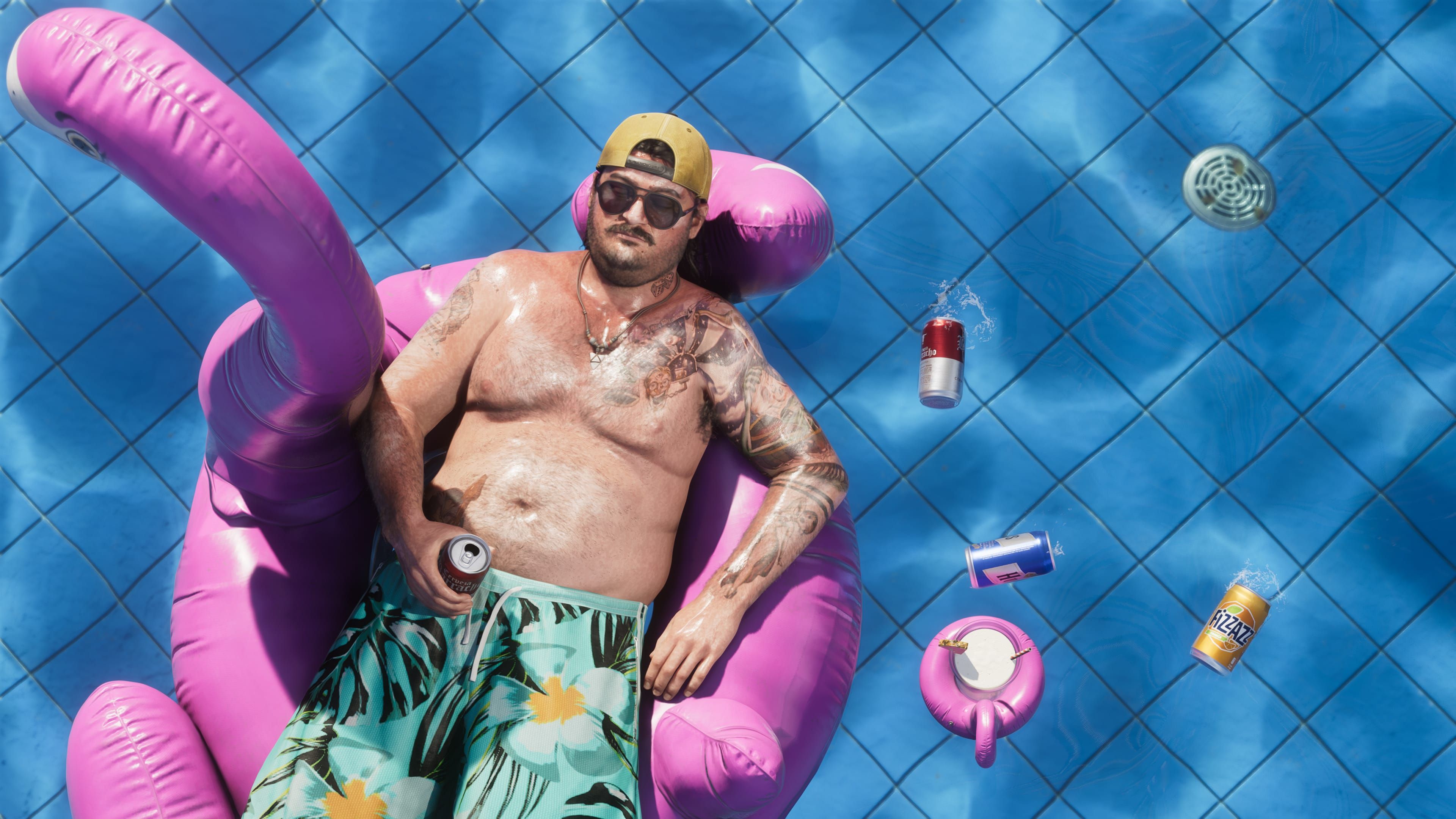 Cal Hampton en la piscina sobre un flotador de flamenco