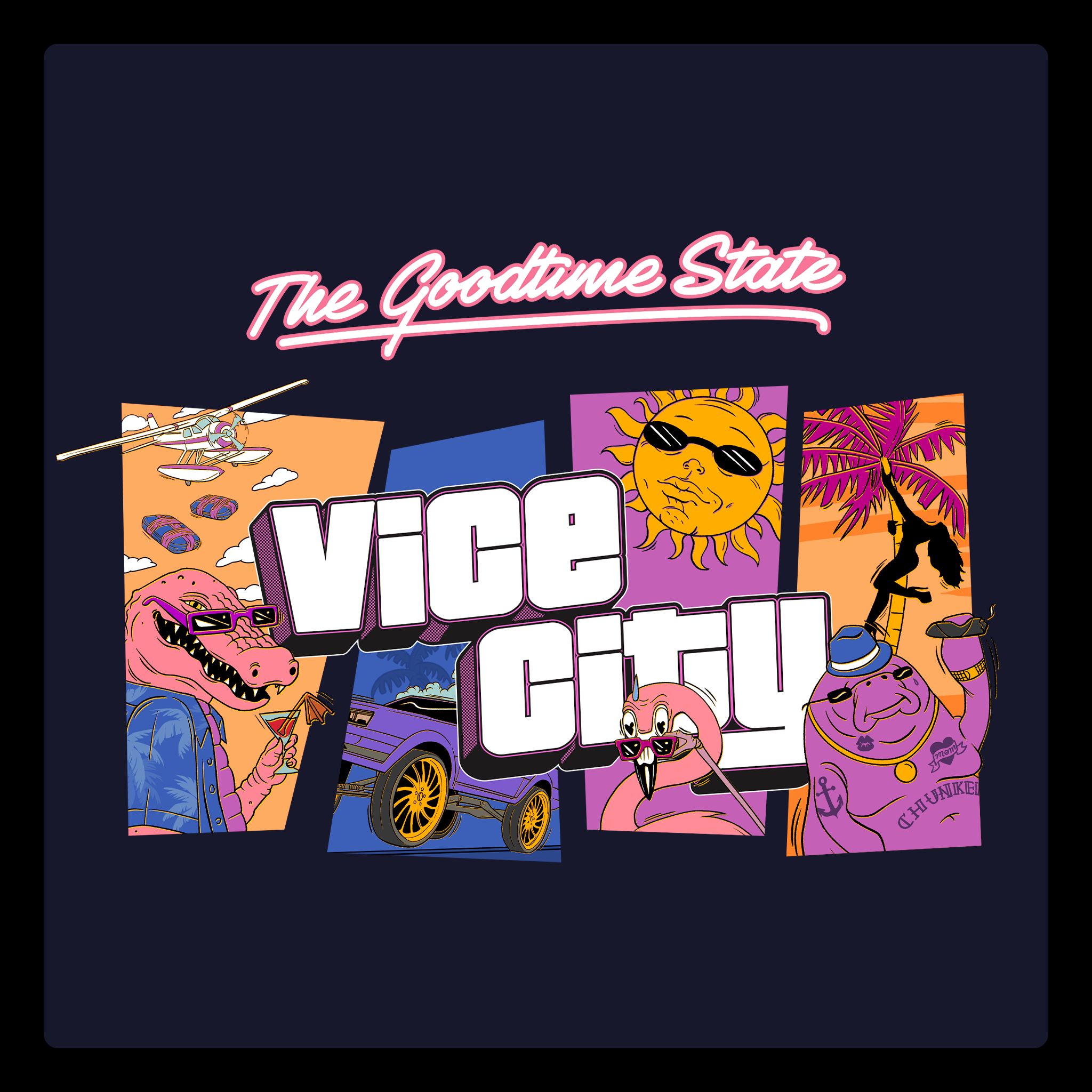 Ilustración de «The Goodtime State: Vice City» en la que aparecen varios personajes, entre ellos Macca el caimán con una copa en la mano, un sol con gafas de sol, un flamenco asomándose por encima de unas gafas de sol y Chunkee el manatí fumando un puro.