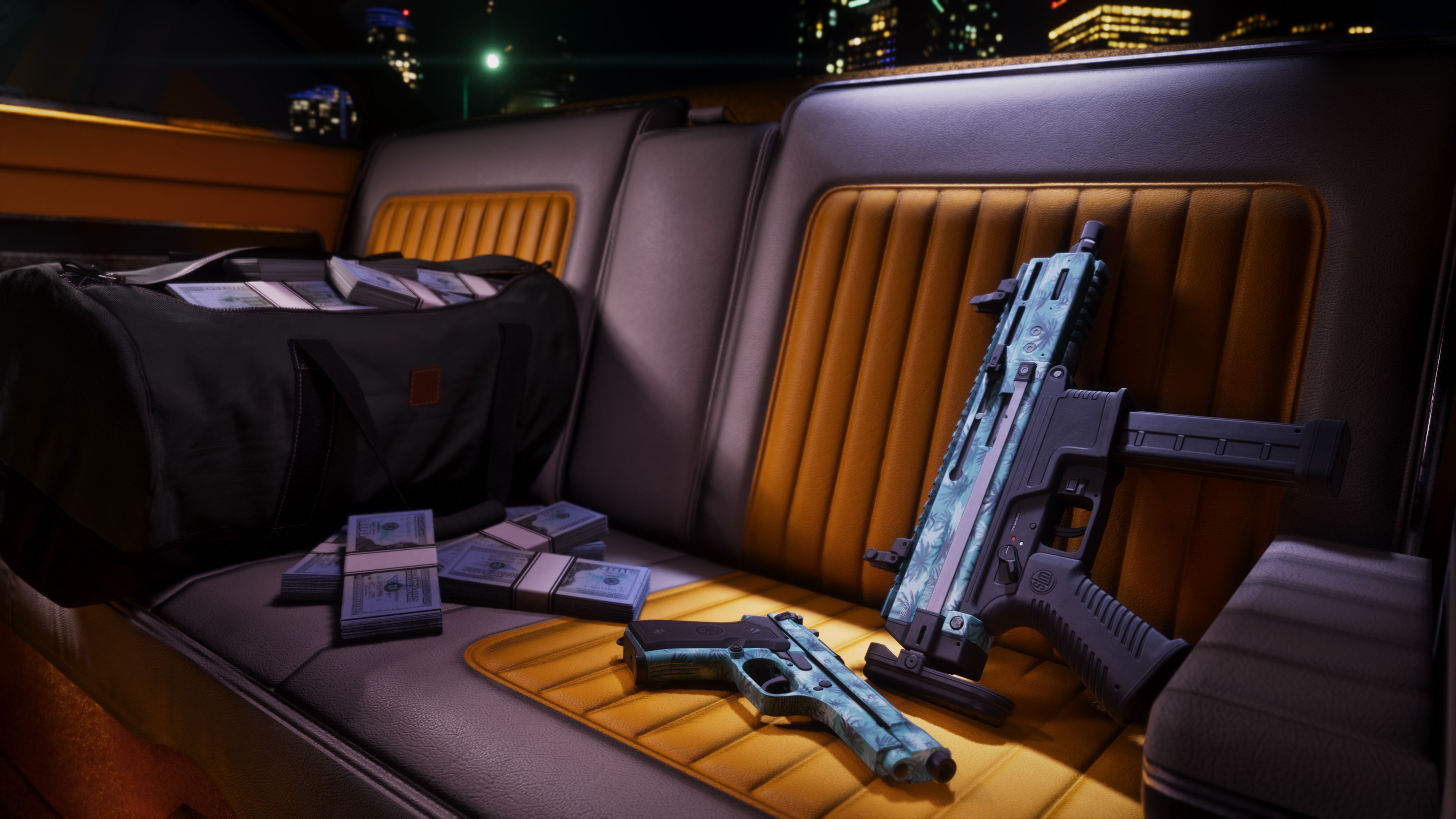 Patrón tropical de Tommy Vercetti, aplicado sobre una Beretta 92 y un subfusil